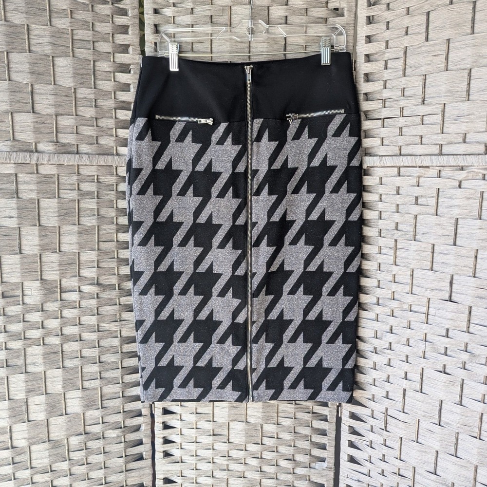 Black Grey Houndstooth Pencil Skirt Front Zip Bodycon Sz 8 Classic Office Chic